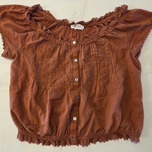 Lucky Brand LA Rust Button-Up Crop Crochet Ruffle Blouse